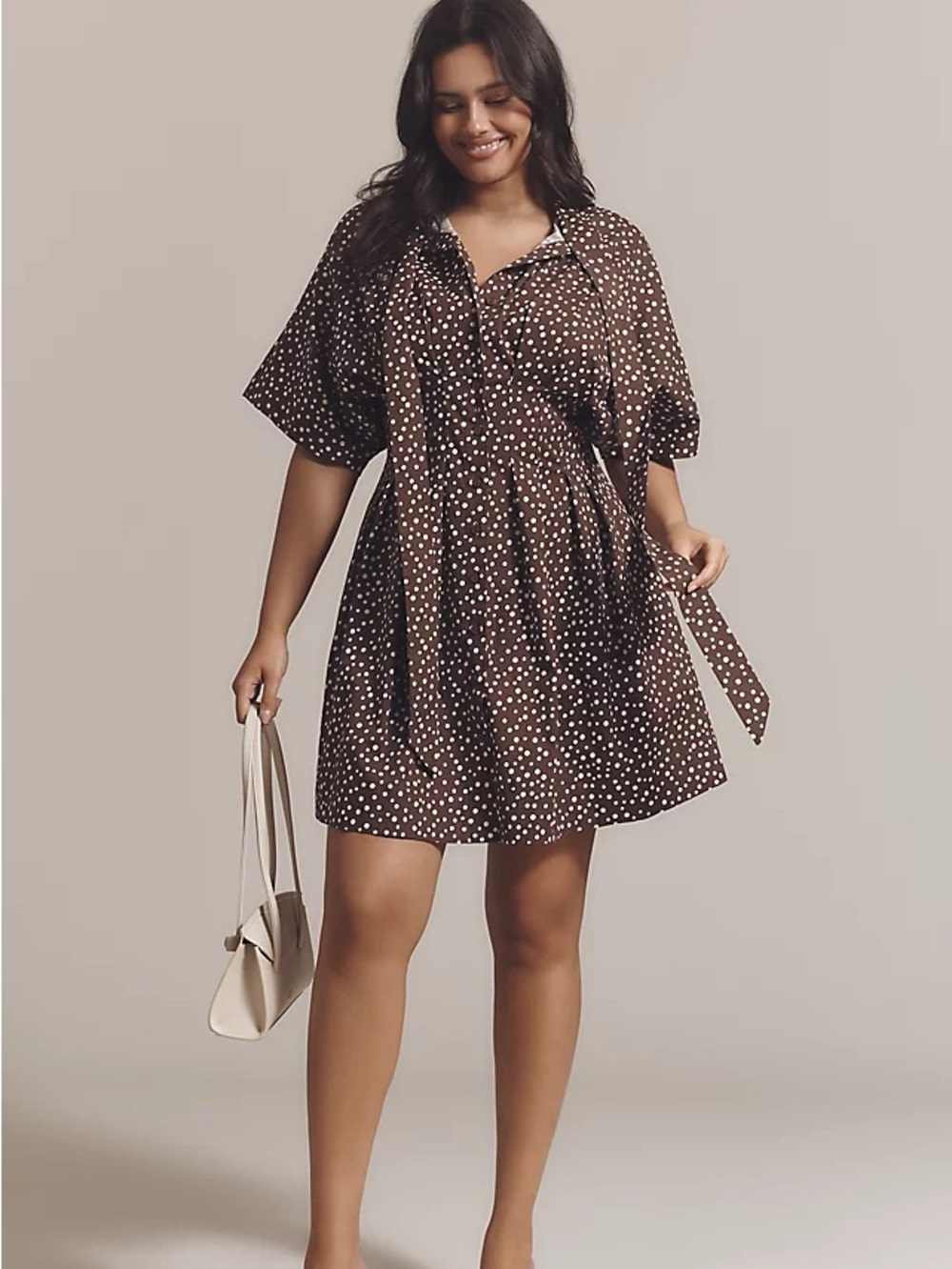 Anthropologie The Tobie Tie Neck Shirt Dress by Exquise Brown Polka Dot Size XS - Picture 12 of 13